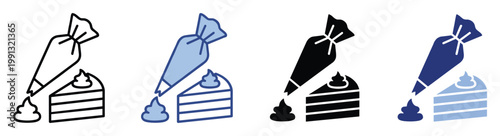 Piping bag decorating a layered cake slice with cream ideal for bakery branding and confectionery product promotions