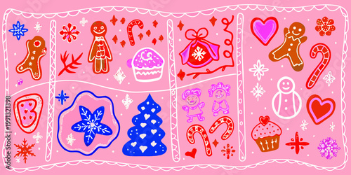 Colorful hand drawn illustration of christmas treats and festive decorations
