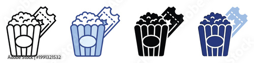 Popcorn bucket and movie ticket icons for cinema entertainment and event promotion applications in digital graphic assets.