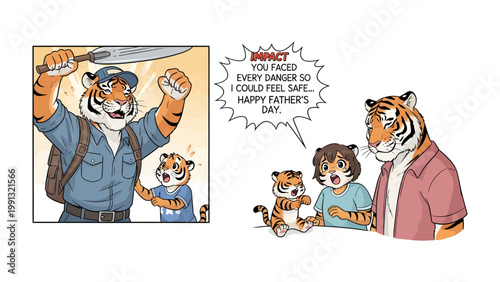 Father's Day Illustration: A heartwarming illustration that depicts a father tiger and his cub, celebrating Father's Day with love and admiration.