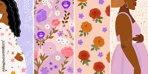 Stylized illustration featuring a woman floral patterns and pastel colors