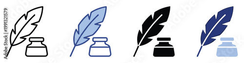 Classic quill pen and inkwell icon set for traditional writing and literary history education materials.