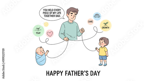 Father's Day Dedication: A heartwarming cartoon illustrates a father's role in a child's life, with the message of love and support, as well as the significance of growth and development.
