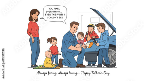 Family Bonding Over Car Repair: A father, surrounded by his children, repairs a car, teaching them the value of hands-on skills, while the mother observes.