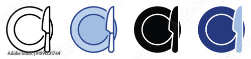 Essential plate and knife dining icons perfect for restaurant interfaces, catering service displays, and food delivery applications