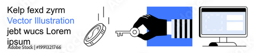 Digital security, online protection, data access, authentication, cybersecurity, technology. Black hand holding key, lock icon computer screen. Digital security and online protection concept