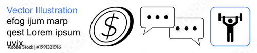 Finance, communication, health, business growth, personal development, decision-making. Visible icons include a dollar sign, speech bubbles and a weightlifting figure. Finance and communication