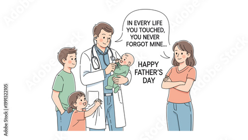 Happy Father's Day Greeting from Doctor: A heartwarming illustration captures a tender moment between a doctor and a newborn, surrounded by the loving gaze of the family.