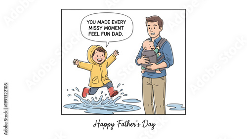 Father's Day Scene: A heart-warming illustration showing a child playing gleefully in a puddle, with father holding an infant. perfect scene for father's day card