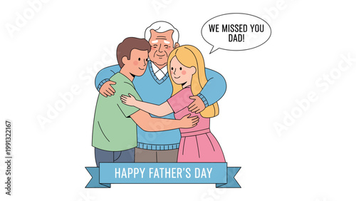 Father's Day Reunion: A touching scene unfolds as a grandfather and his grandchildren share a loving embrace, accompanied by a heartfelt message of missing their dad and celebrating Father's Day.
