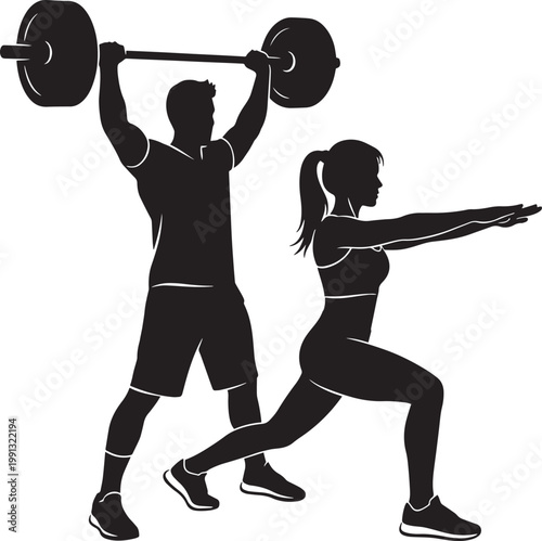 People exercising sport man with barbell and woman doing lunges working out fitness training healthy lifestyle.