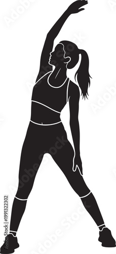 Vector illustration of fit woman performing standing side stretch with arm raised overhead for health and wellness brand identity.