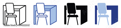 A collection of modern chair and desk icons in various styles suitable for office, study, and educational applications