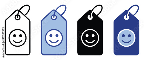 Positive feedback smiley face icon on a tag for customer satisfaction ratings and service experience