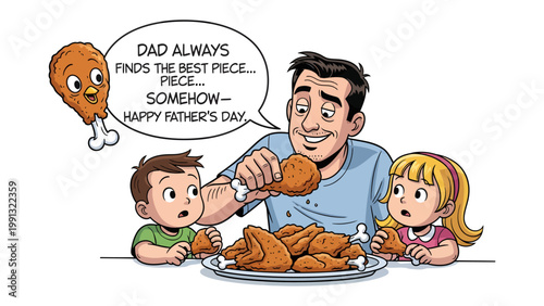 Father's Day Feast: A heartwarming family scene unfolds as a father and his children share a festive meal. The father, a figure of love and generosity, chooses the best piece for himself.