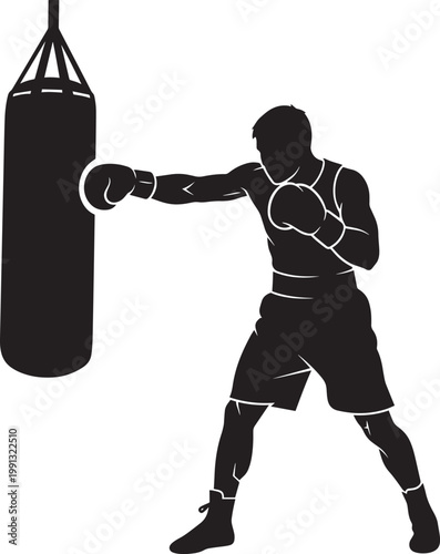 Boxing male athlete silhouette hitting heavy punching bag for combat sport training and martial arts exercise demonstration.
