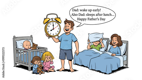 Father's Day Morning: The anticipation of Father's Day dawn as a father holds an alarm clock amidst his family, with children stirring and ready for the day