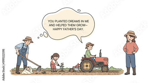 Father's Day Farming: A heartwarming scene unfolds as a family, including children and parents, collaborates on a farm, symbolizing the nurturing of dreams.
