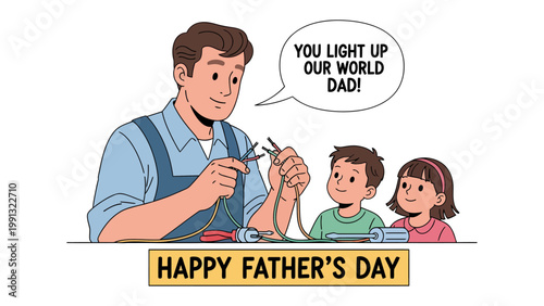Father's Day Scene: A tender illustration depicts a father connecting wires, guided by the loving gaze of his children, celebrating paternal love and appreciation. 