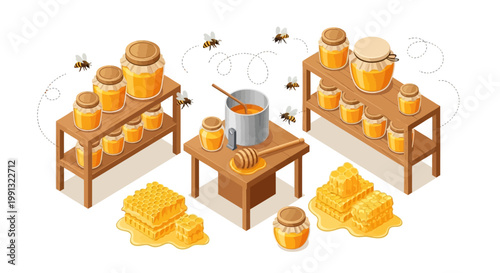 Isometric illustration showing a honey-making setup with jars of honey displayed on wooden shelves, a pot of honey on a table, and honeycombs stacked, all set against a clean white