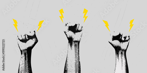 Three clenched fists raised with yellow lightning bolts emanating from them
