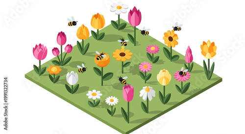 Isometric illustration featuring honeybees pollinating a variety of colorful tulips, daisies, and sunflowers in a vibrant garden on a green square plot against a clean white background