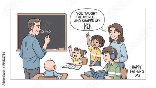 Father's Day Lesson: A loving teacher imparts knowledge to eager students, with a heartfelt message, creating a perfect illustration of appreciation on father's day.