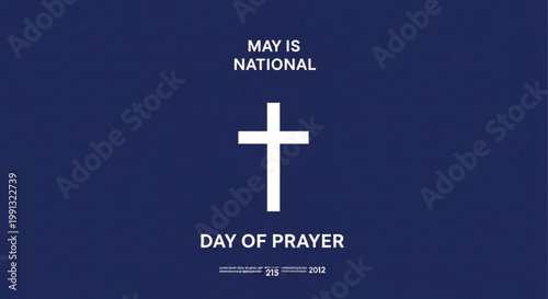 White Christian cross symbol for National Day of Prayer a religious concept of faith and hope isolated on a dark blue background