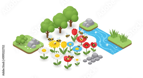 Isometric illustration featuring bees pollinating colorful flowers near a winding stream and small trees, all set against a white background, creating a bright and cheerful scene