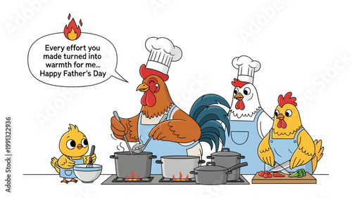 Father's Day Feast: A heartwarming animated scene where a family of chickens is cooking a special Father's Day meal, with the father rooster taking the lead in a culinary endeavor.