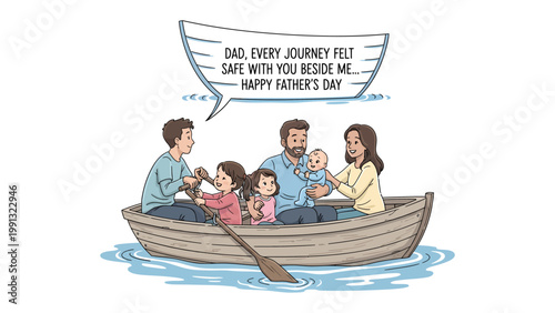 Father's Day Boat Ride: A heartwarming illustration of a family enjoying a boat ride together, cherishing a special Father's Day moment with a message of love and gratitude.