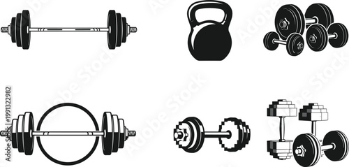 Gym equipment icon set with dumbbells kettlebell barbell weights fitness training vector illustration collection silhouette style