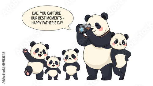 Family Portrait Panda: A heartwarming illustration of a panda family, with the father panda capturing a moment with his camera, celebrating the joyous occasion of Father's Day.