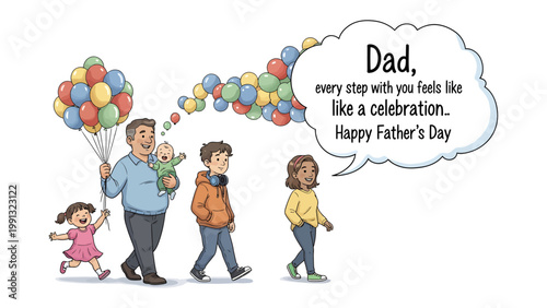 Father's Day Celebration: A heartwarming scene unfolds as a father leads a procession of children, their spirits lifted by colorful balloons and the promise of a joyful celebration.