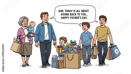 Father's Day Gathering: A loving family, including grandparents, children, and a father, comes together on Father's Day, exuding warmth and celebration. The image showcases the joys of family life.