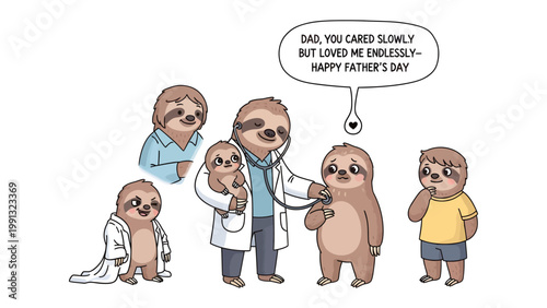 Father's Day Sloth's Health Check: A heartwarming scene unfolds with a sloth doctor performing a health check on his son, surrounded by his caring family, to celebrate Father's Day.