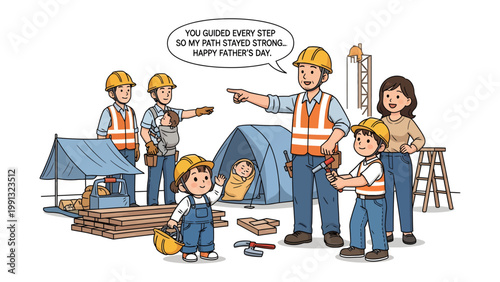 Father's Day at the Construction Site: A heartwarming Father's Day scene unfolds on a construction site, featuring a proud father guiding his children amid the tools of his trade.