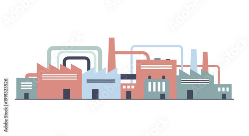 Industrial factory complex with multiple buildings and interconnected pipes.