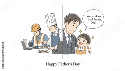 Happy Father's Day: A heartfelt Father's Day illustration depicts a loving father in different roles, highlighting the hard work and dedication of dads.