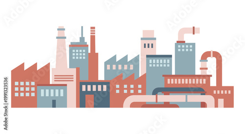 Industrial factory complex with multiple buildings and smokestacks.