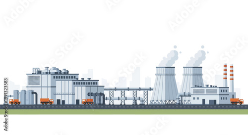 Industrial factory complex with multiple buildings and smoking chimneys.