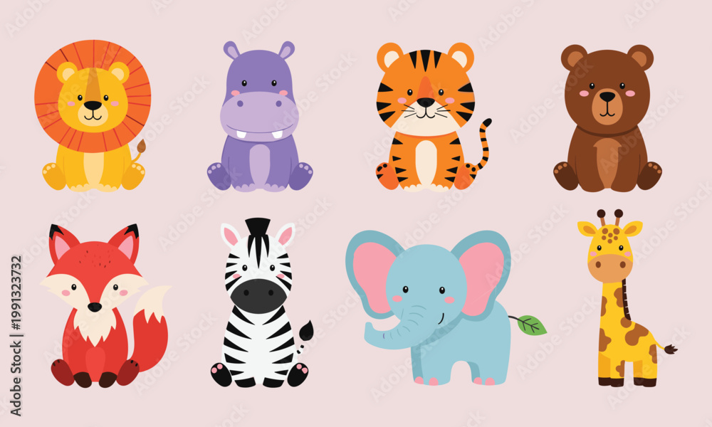 Naklejka premium Cute safari animal collection featuring cartoon lion tiger elephant giraffe zebra hippo fox and bear vector set for nursery decor design