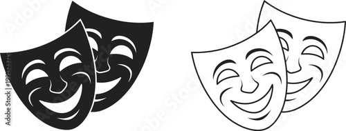 Comedy Theater Mask Icons in Black Solid and Line Art Style Isolated on White