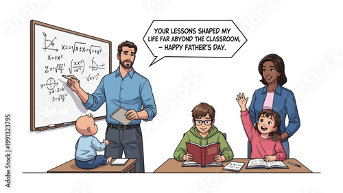 Celebrating Learning and Family: A heartwarming illustration of a family, with a father figure teaching, and students engaging in a classroom setting, celebrating the impact of education and guidance.