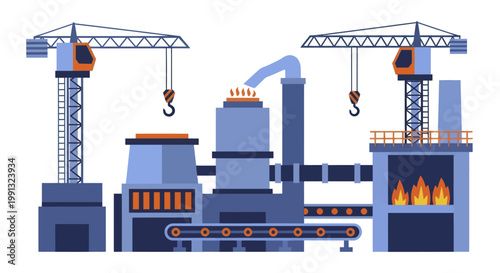 Industrial factory with cranes and production line for manufacturing.