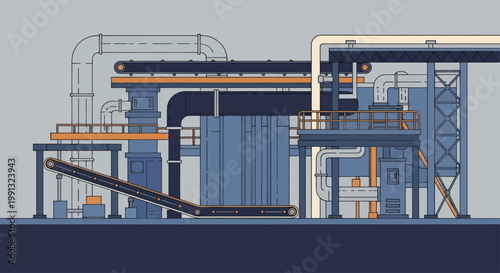 Industrial factory with complex machinery and conveyor belts for manufacturing.