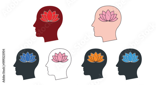 Human head silhouette with lotus flower brain concept mindfulness meditation mental health vector illustration set colorful flat