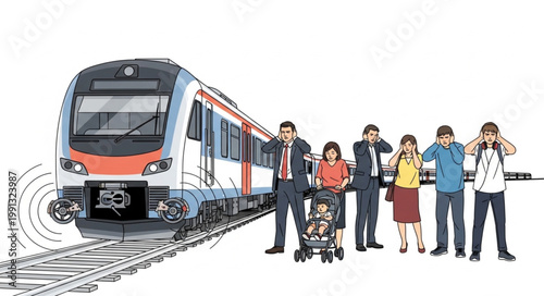 People covering ears and eyes near a train.