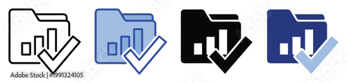Verified business data management icon symbolizing successful project completion and approved statistical analysis results for digital interfaces