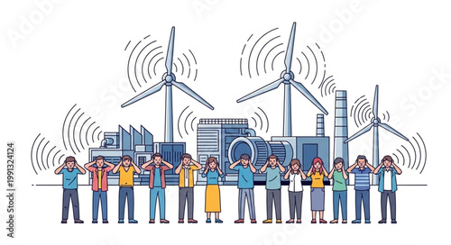 People covering ears from industrial noise pollution and wind turbines.